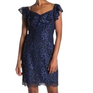Trina Turk Short Sleeve Blue Lace Overlay Ruffle Neck Short Sleeve Dress Size 4.